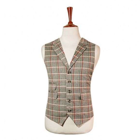 Mens 46R Wool Vest Waistcoat Beige Red Orange Plaid Herringbone Wedding Formal